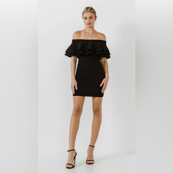 Endless Rose Off The Shoulder Ruffled Black Mini Dress Size Medium - Picture 1 of 8
